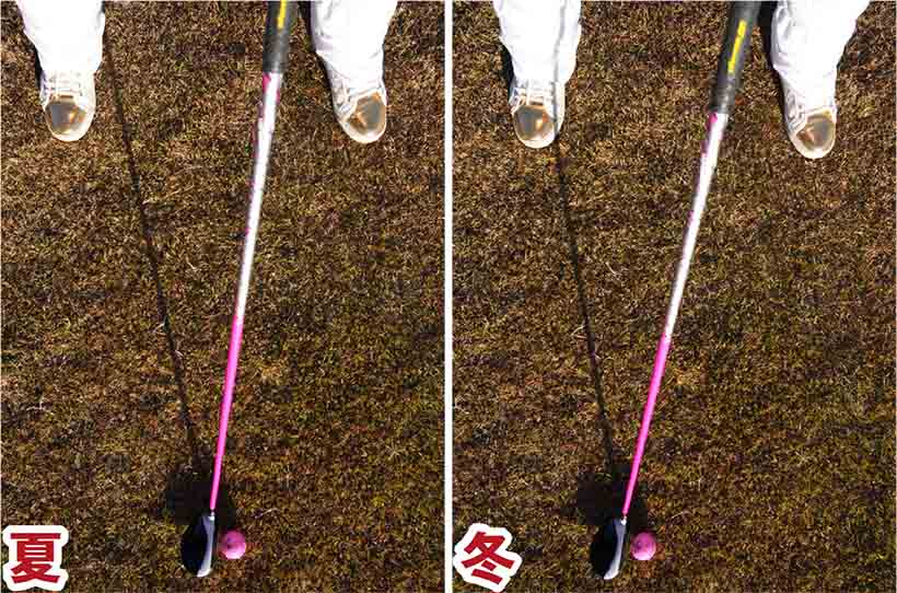夏よりもボールを1個分右足寄りに近づけて構える。