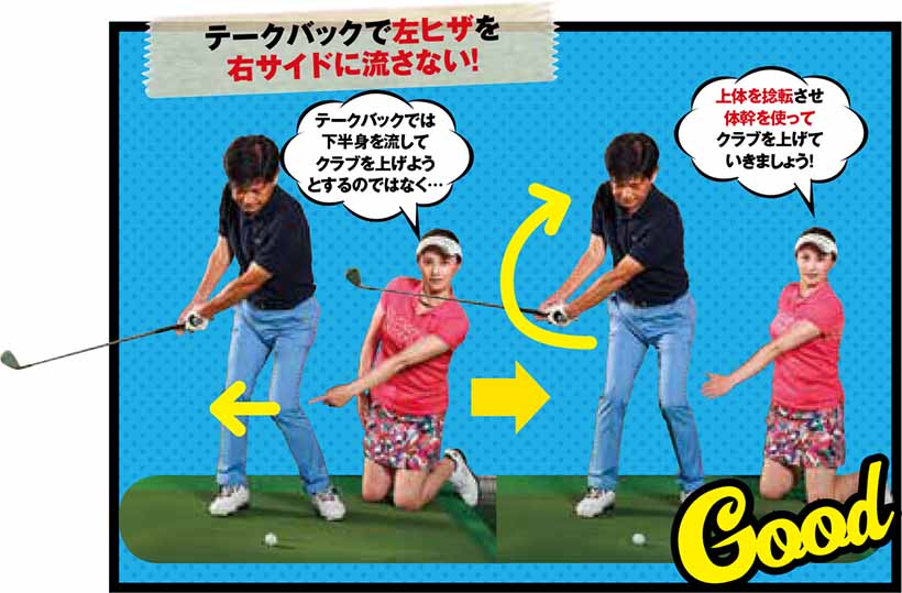 テークバックで左ヒザを右サイドに流さない!
