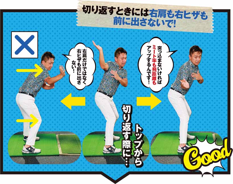 切り返すときには右肩も右ヒザも前に出さないで!
