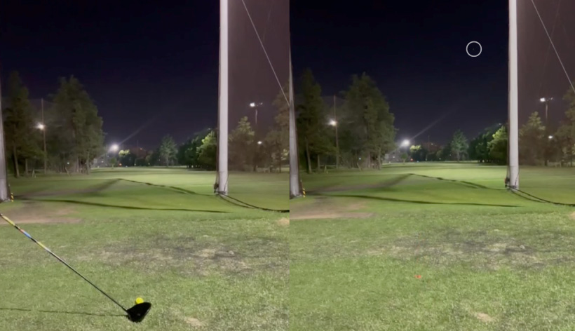 黄色のゴルフボールをドライバーで打った写真