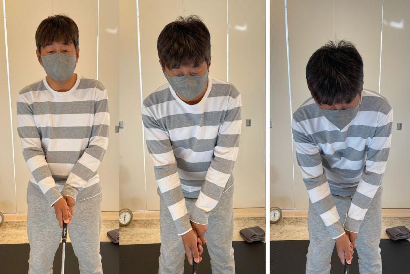 (左)直立した状態で肩のV字を作り、その形を崩さないように前傾してグリップする。(右)猫背になると肩のV字は崩れてしまう。