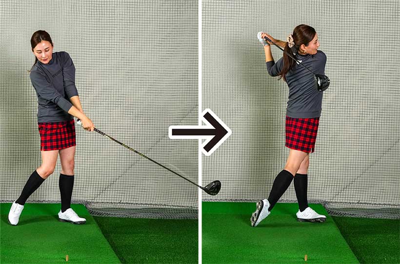 トップの体勢からフィニッシュまでの素振りを繰り返すと正しいスイングのイメージがつかめる。