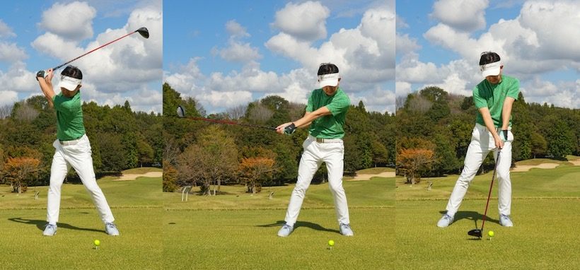左に体重移動すると、上半身も左に平行移動。左股関節の上に上半身が乗る格好になり、詰まって腰が止まる。こうなるとクラブと体が引っ張り合う関係を作れない。