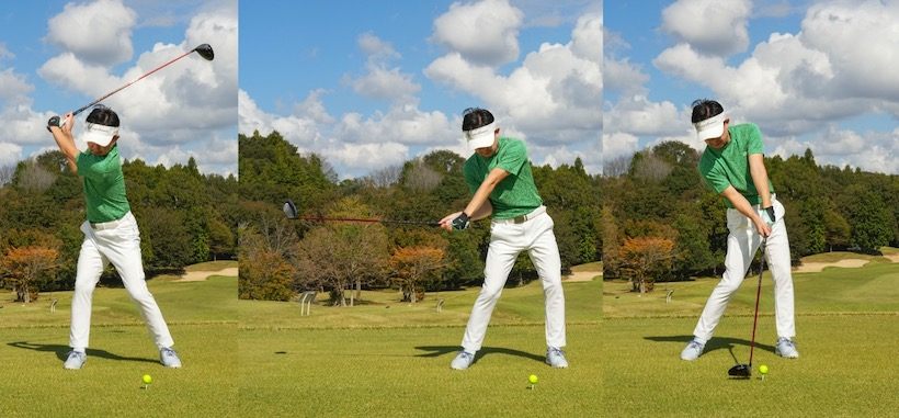ダウンスイング〜インパクトでは上半身を右サイドに残す。上半身が左に動く人は、右足体重で打つ明治の大砲のイメージで打つくらいでOKだ。