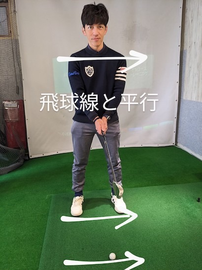 ①飛球線と平行に、足と肩を揃えて立ちます