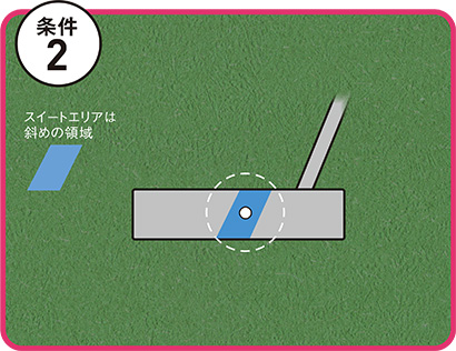 グリップをつまんで木槌などでフェースを叩くとヘッドがブレないところがある。これがフェース面上のスイートエリア。図のようにフェースに斜めに広がっている。