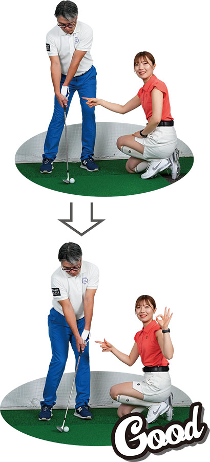 （写真上）アプローチは小さい振り幅でスイングするため体重移動が大きいとインパクト位置が不安定に（写真下）インパクトでの手元の位置はいつも一定に！