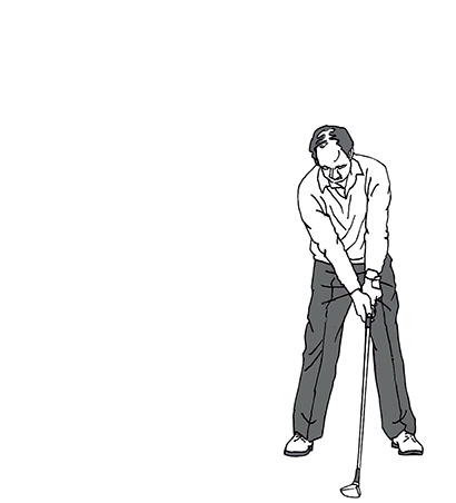 インパクトをイメージし、左腕とクラブを真っすぐ伸ばして構えるラリー・ネルソン。オープンスタンスでボール位置もやや中寄りにしている。