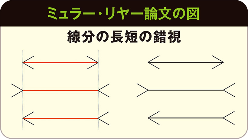 同じ長さの線分の両端に矢羽を付けた場合、内向きに付けると線分は短く見え(上図),外向きに付けると線分は長く見える(中図)。錯視量が非常に多い大きさの錯視である。