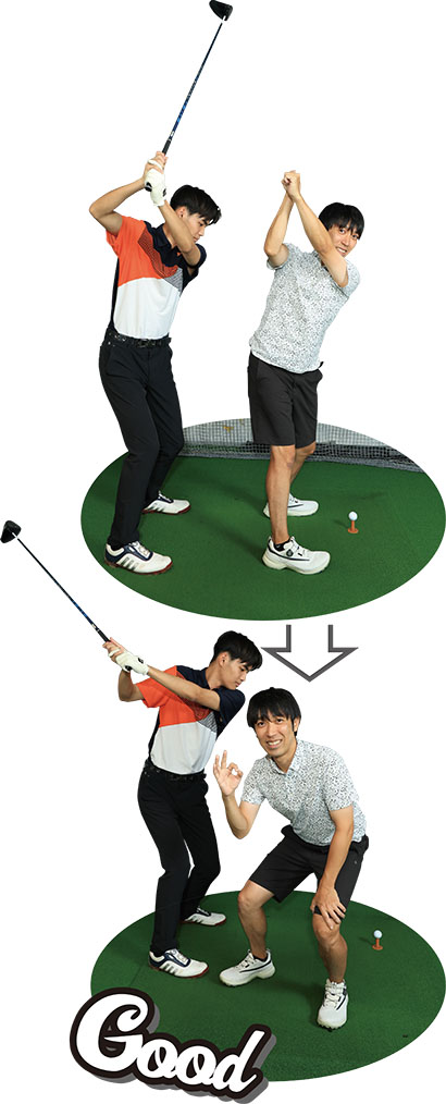 （写真上）始動を真っすぐに引いてしまった結果トップがこんな位置に（写真下）トップの左手は頭からこれだけ遠く離れる位置へと上げたい！