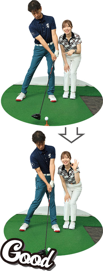 （写真上）入射角が鋭角になりロフトが立ってしまい低弾道になっている！（写真下）ロフト角そのままに高弾道で飛距離を伸ばしましょう！