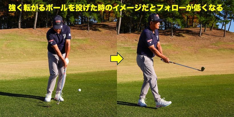 強く転がるボールを投げた時のイメージでアプローチすると、左足体重のインパクトになりフォローでヘッドが低く出る。