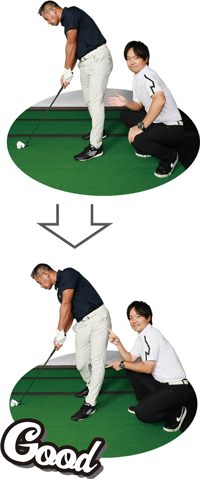 （写真上）身体が回らないので重心が右に残ってしまう（写真下）左へ踏み込めればスムーズに腰を回すことができる！