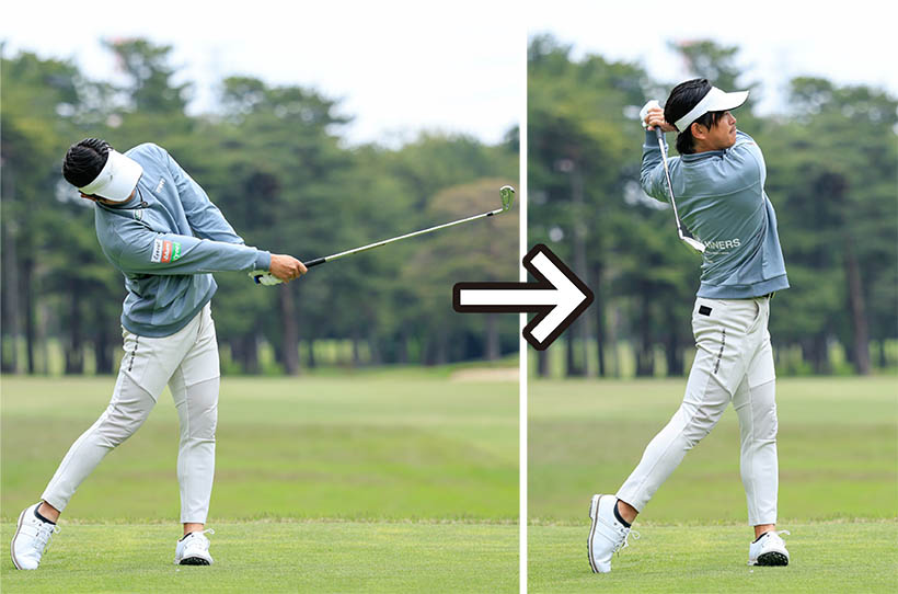 左足の踏み込みによってカラダがしっかり回転し、フィニッシュまで振り切れる。