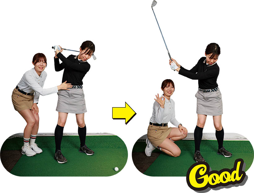 （写真左）お腹周りの力が抜けていて反るようなトップに！（写真右）お腹の力を緩めずに軸をキープ！