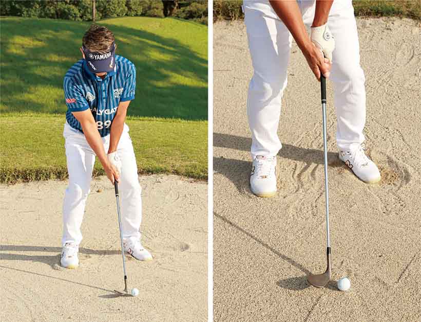 サンドウェッジのフェースを大きく開き、それに応じてスタンスをオープンにする。ボール位置は左。手を体の真ん中に置き、シャフトの傾きをほぼ真っすぐにする。