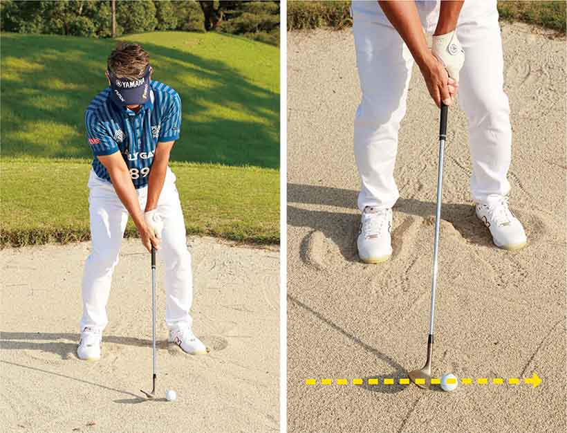 フェースを開かずにスクエアにセット。スタンスはスクエアか、ほんの少しオープンに。ボール位置は、高く上げる時はやや左に、距離を出す時はセンター寄りにする。