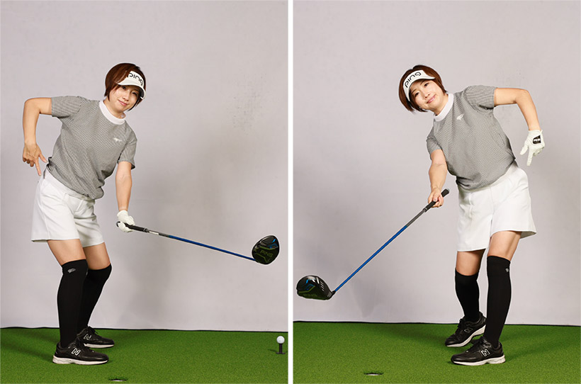 ウェイトシフトは回転運動によって生まれる副産物。まずはバックスイングで右腰が右後方、ダウンスイング以降で左腰が左後方に回る。