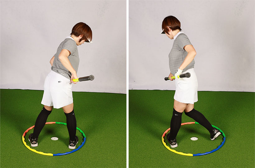 アドレスでは左腰が9時、右腰が3時。バックスイングでは右腰が4時半。左腰は最終的に8時の方向を指すくらい回る。これがバランスよくできればウエイトシフトは適正になされている。