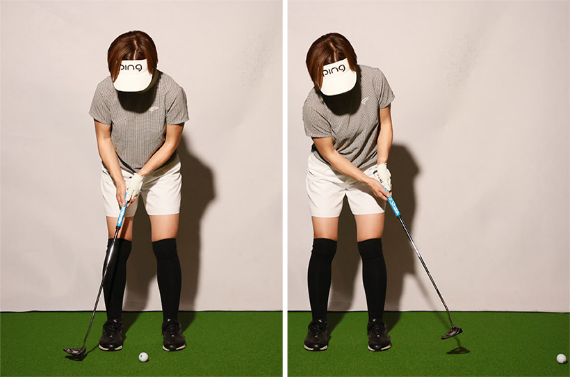 ロングパットではヘッドを加速させることが大事。インパクトで手元が急減速するイメージの方がヘッドは加速する。