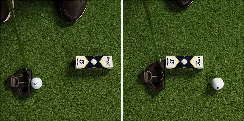 フォローサイドに置いたスリーブケースにヘッドが当たらないようにして長い距離を打てればヘッドは効果的に加速している。