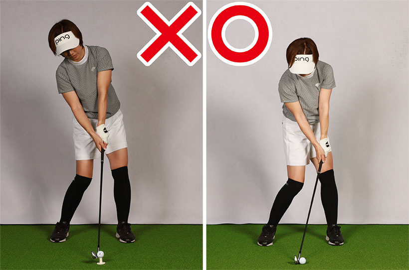 ティアップが高いとインパクトに向けてヘッドが下から入るスペースができてしまう。ダウンブローに打つには芝の上から打つイメージが必要だ。