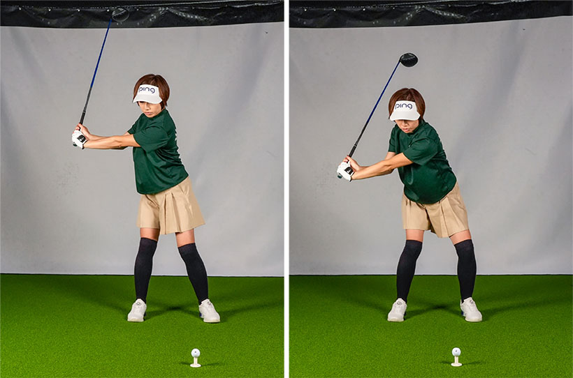 クラブが上がっていく途中のタイミングで腰を左に回す。例えば写真のように、腕が地面と平行になったあたりで腰を回せば結果的にハーフスイングになる。