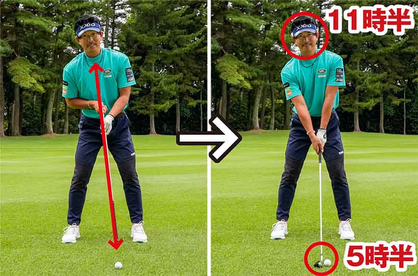 UTの場合、ボールは5時半、頭は11時半のイメージ。ボールと向き合うように構えれば上体が少し右傾きとなるのが正解。