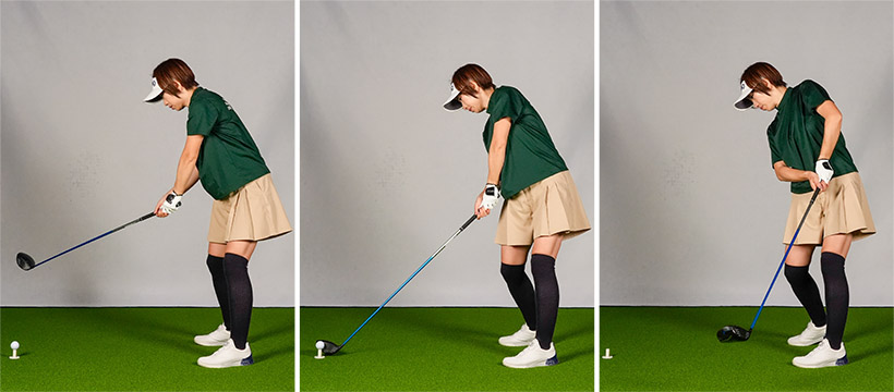 ヘッドがアウトサイドから下りてインサイドに入るアウトサイドインのスイング軌道がトゥ側に当たる原因。