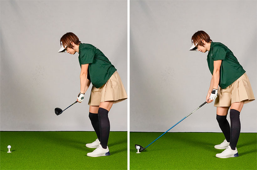 ヘッドをインサイドから下ろすのがポイント。ボール位置はそのままでインから下りればトゥ側には当たらない。