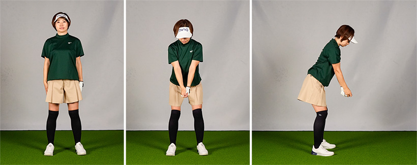 真っすぐ立った状態から骨盤を前傾させ、軽く胸を起こして両腕を真下にダランと垂らす。これが理想の前傾姿勢になるので、普段からやっておこう。