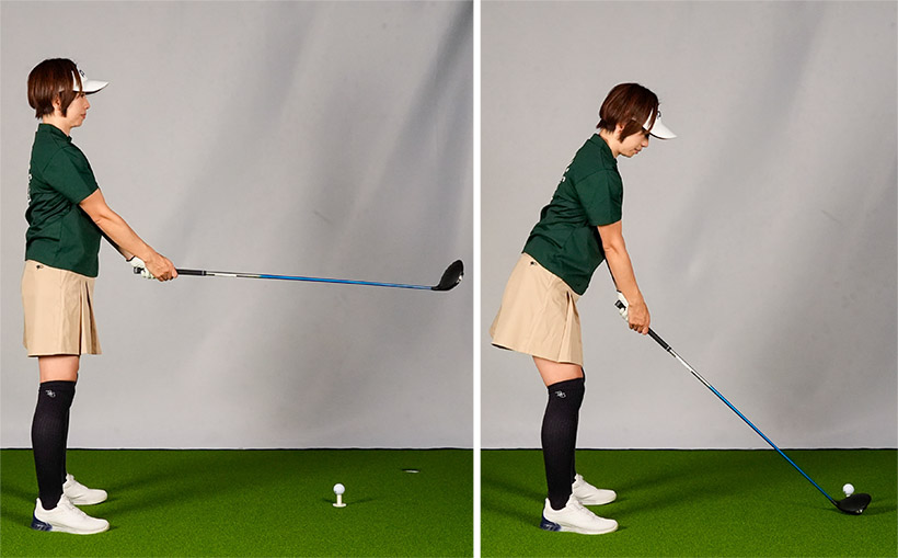 練習やラウンドではおヘソの前でクラブを持ち上げて骨盤を前傾させる。一番起きたところで構えるのがコツ。