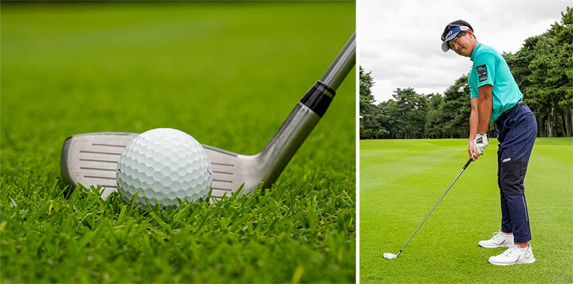 通常のアドレスはフェース面の芯に当てやすいようにボールを真ん中にセットするのが基本。