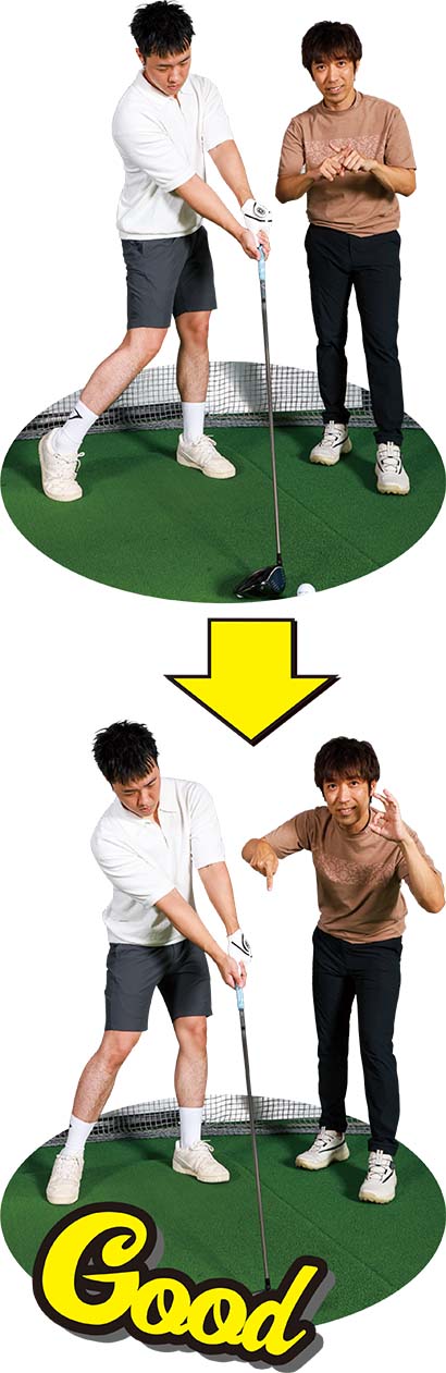 （写真上）テニスのスイングをゴルフに応用したような胸が開いたインパクトはスライスの原因に……（写真下）インパクト時には胸がまだ球の方を向いているようなカタチがいい！