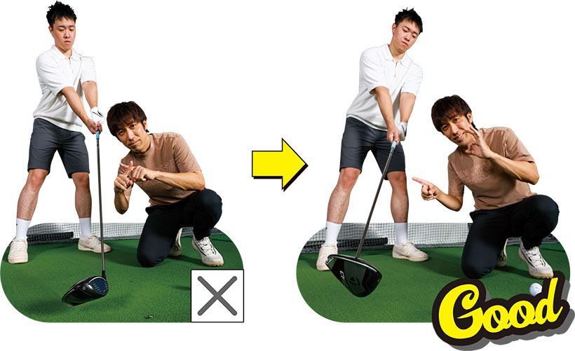 （写真左）スライス傾向の人はテークバックからクラブのフェースが開き気味なら注意！（写真右）開き気味ならフェースを閉じながら上げていく意識でちょうど良くなる！