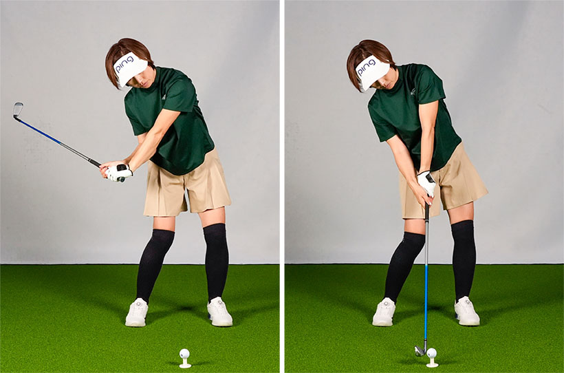 高めにティアップしてもボールに対して下からヘッドを入れようとするため、右肩が下がってしゃくり上げるスイングになる。