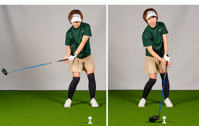 ボディターンだけで打つ、あるいはフックグリップでも腕が右にねじれたままだとインパクトでフェースが開いてスライスする。