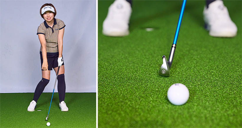 素振りをする時はフェースターンを意識。ボールのあたりでターゲットラインに対してフェースがスクエアになるようにスイングする。