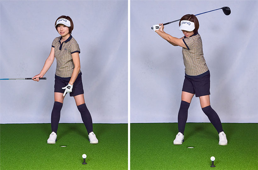 上と下が引っ張り合う関係を作るには始動で下半身を動かす必要がある。始動で右足を踏み込み、その瞬間に左に腰を引っ張るイメージで動く。