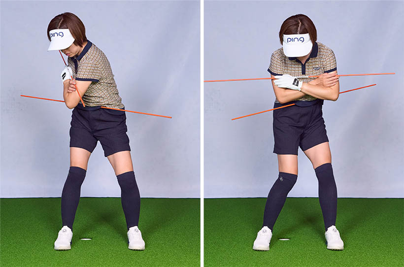 捻転差が最大になるのは切り返しのタイミング。下半身が少し先行することで引っ張り合う力が生まれパワフルなインパクトになる。