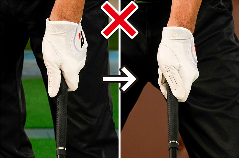 左手親指がグリップに正しく乗っていないとトップが安定しない。