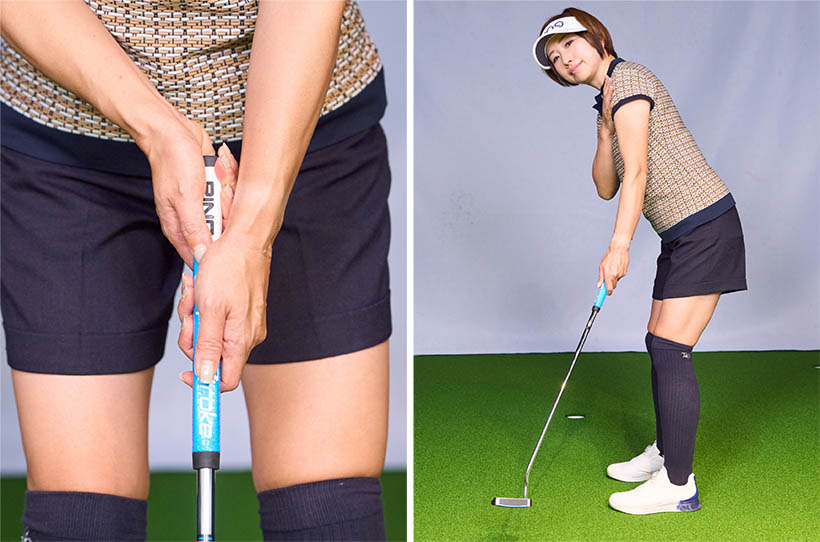 クロスハンドは利き手の手首の使用を抑えるグリップ。左肩が開きづらいのでヘッドアップを防止する効果もある。