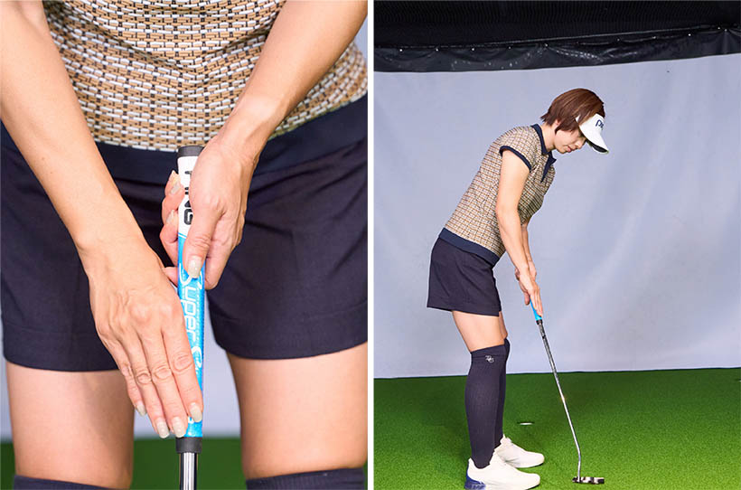 クロウグリップでは、右手はパターの上に添えるように乗せるだけ。右手でストローク面をイメージするとヘッドの軌道が安定する。