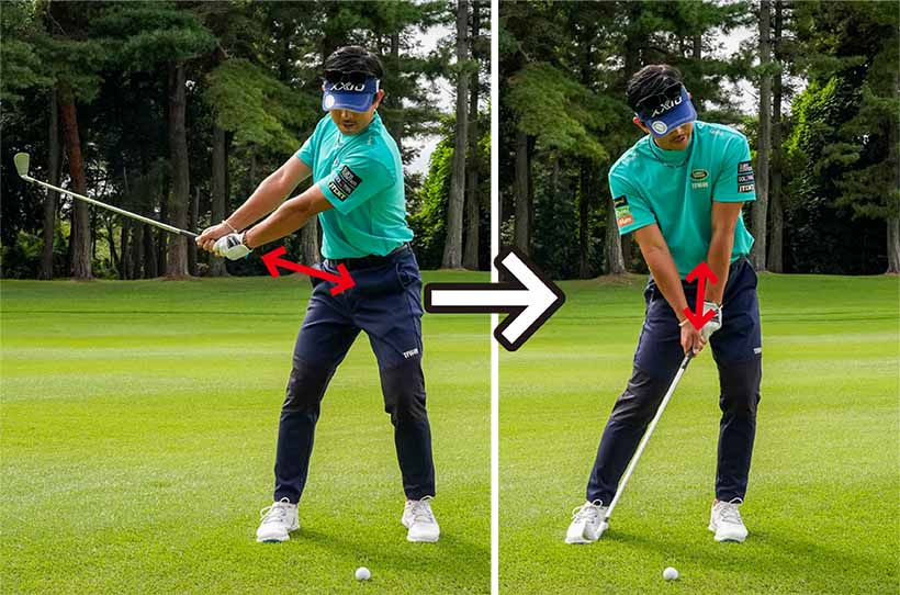 腰から下の動きはグリップエンドとお腹が連動するというイメージ。結果、インパクトの打点が安定する。