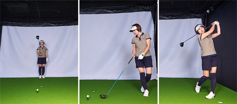 ラウンドではどんなショットも目標を意識することが不可欠。素振りは目標確認とターゲットラインをイメージしてからになるのが自然な流れ。