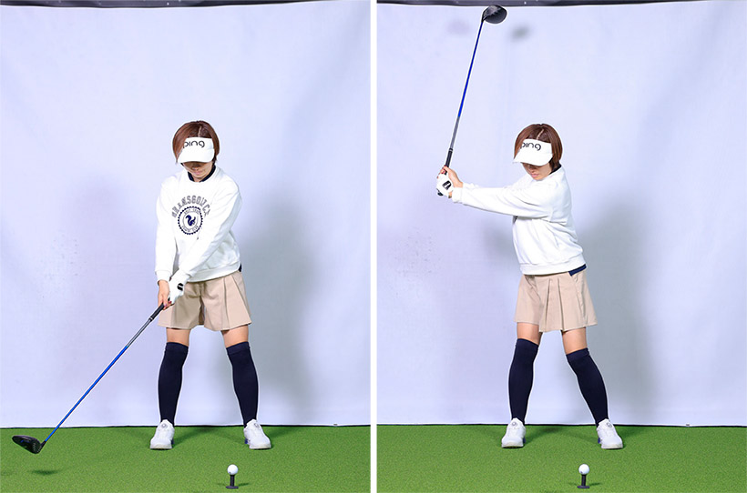 体と腕が同調し、体をしっかり回せるのがバックスイングをゆっくり上げる最大のメリットだ。