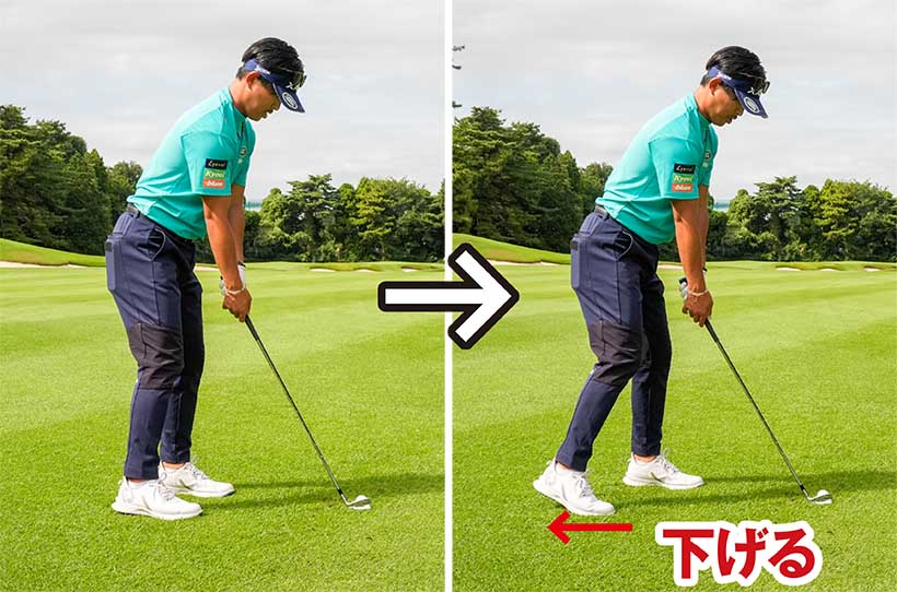 スクエアに構えた体勢から右足を後ろに引いてツマ先立つ。左足だけで立つ体勢だ。