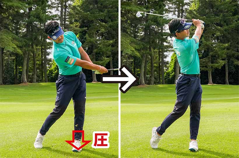 左足が下半身の動きのバランスを整える役目を果たし、クラブヘッドの遠心力を最大限に引き出せる。