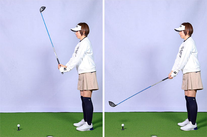 ダウンスイングでクラブスピードを上げるには、支点となるグリップを引っぱるように下ろすとクラブの重さで勝手にスピードアップする。