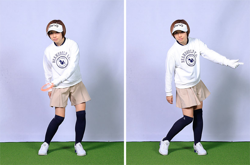 ダウンスイングでは腕を振ることも不可欠。フリスビー投げるようなイメージで左手を振るのがポイントだ。